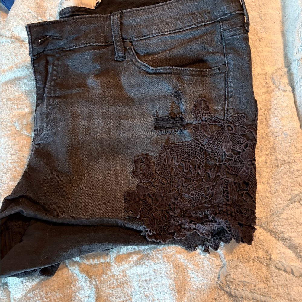 Torrid Black Denim Shorts with Lace Appliqué